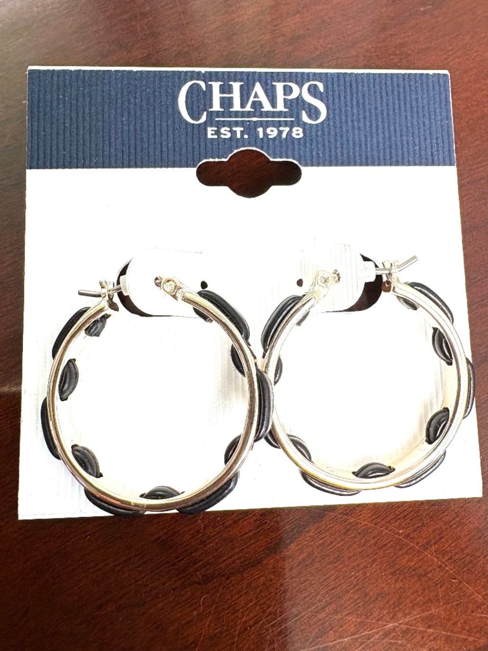Chaps Silver Tone Hoop Earrings with Black Woven Detail
